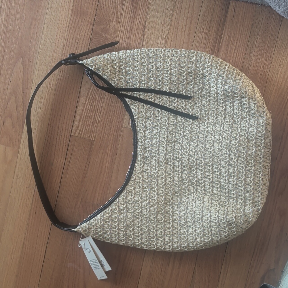Woven Straw Hobo Bag with Black Trim